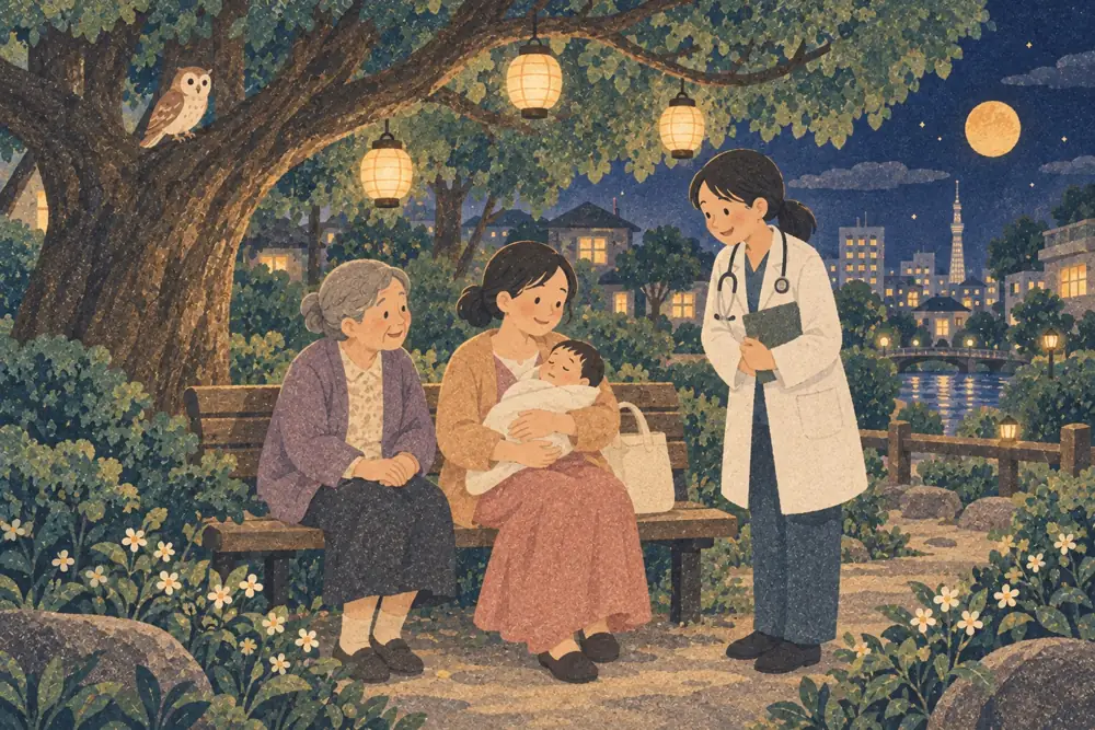 Under a lantern-lit tree, an older woman and a doctor stay close to a mom holding her baby